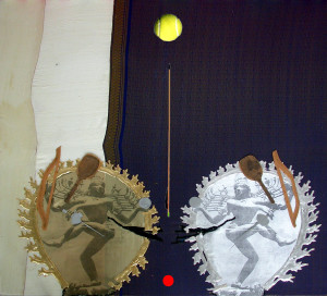 15-2 nataraja-2010-transfert, colla vinilica, legno, stoffe-palle-80x80cm.