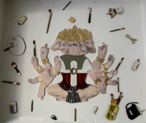 15-gayatri e hanuman giuochi di pittura-2010-transfert, colla vinilica,impregnante,catrame, legno, stoffe-300x200cm.